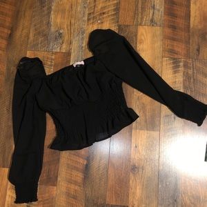 Black smocked long sleeve cropped blouse